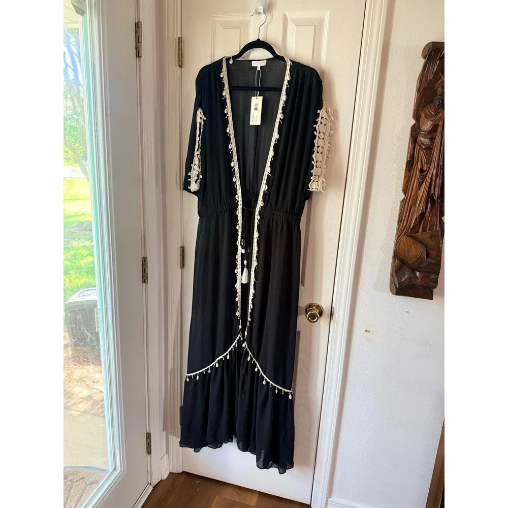 Ramy Brook Nikolai Cover Up Maxi Dress Black Shell Embellished XL NEW